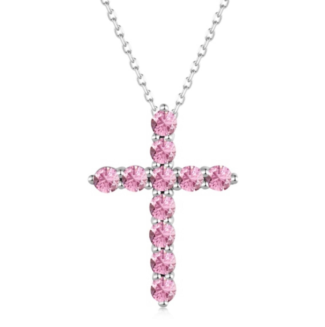 Sterling silver pink mini cross necklace