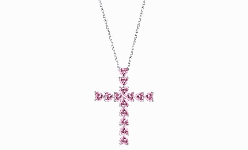 Sterling silver pink mini heart cross necklace