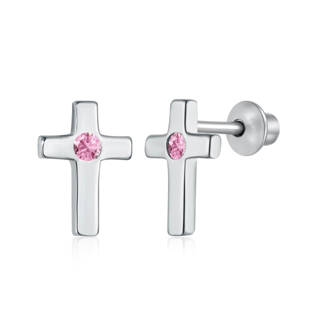 Sterling Silver Pink Cross Stud Earrings